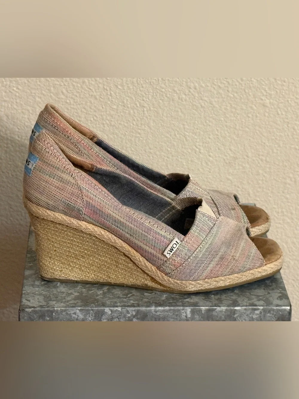 Toms Rainbow Stripe Canvas Wedge Espadrille Peep Toe, Size 9.5